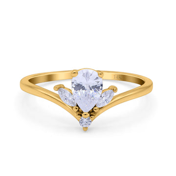 14K Yellow Gold Teardrop Pear Art Deco Engagement Ring Marquise Simulated Cubic Zirconia Size-7
